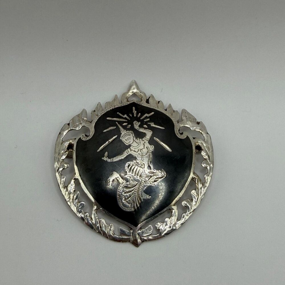 Vintage Siam Sterling Silver Brooch Thai Dancer Niello Style Pin